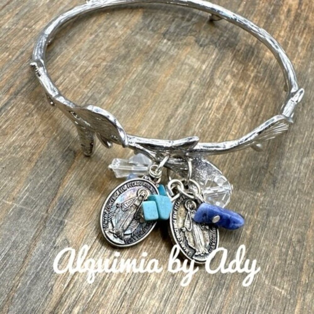 Statement virgen Mary medals silver bangle bracelet - Picture 3 of 3